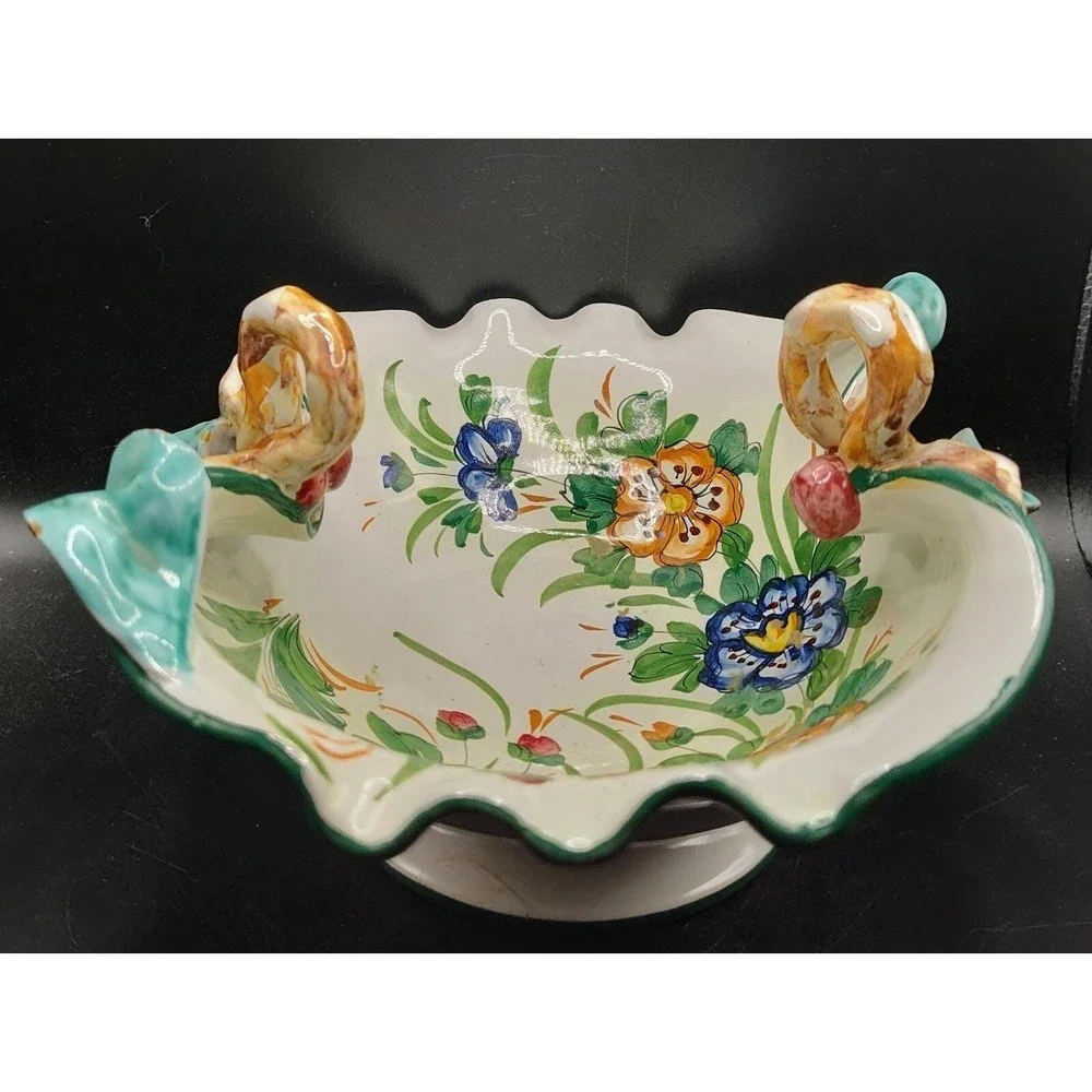 Vintage Italian Pottery Ceramic Basket Hand Painted Floral Flowers 9.5